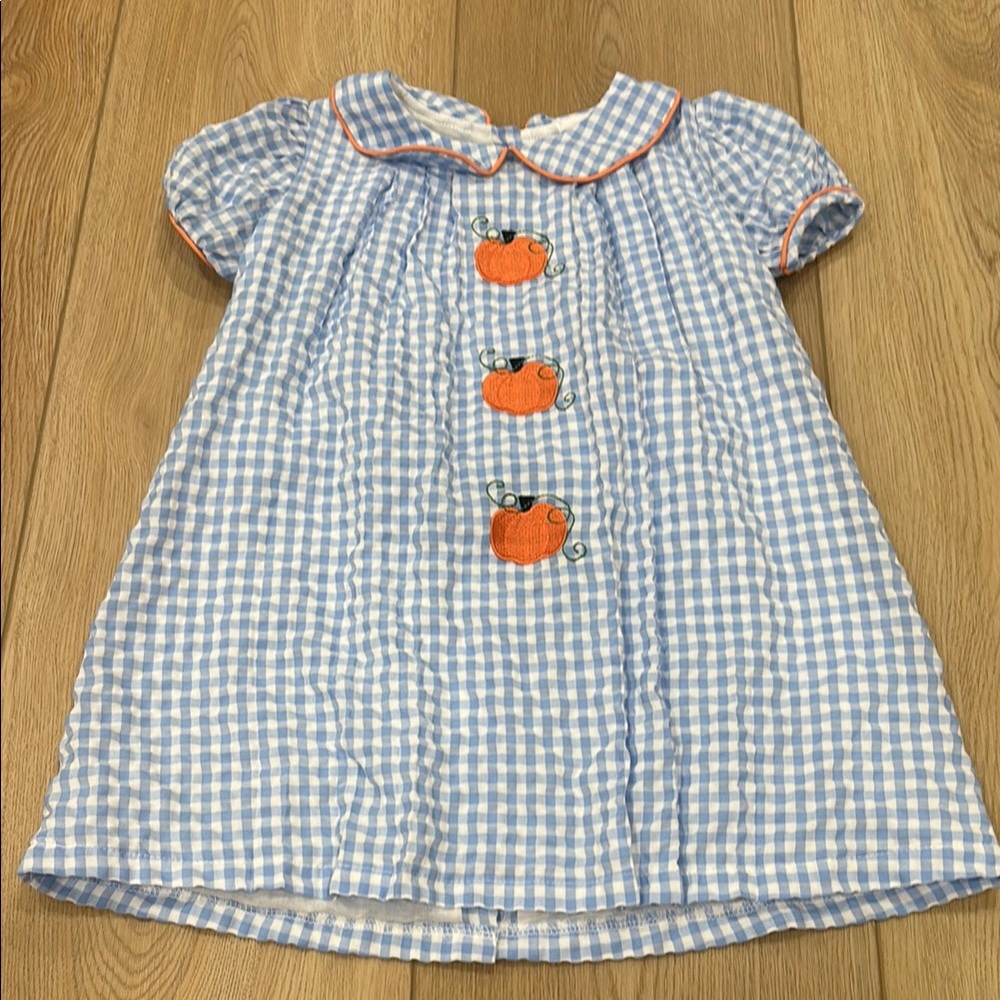 Stitchy Fish Blue and White gingham  Smocked Pumpkin Dress with Puff Sleeves
